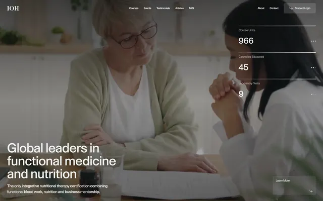 IOH functional medicine hero with stats, minimal, photographic, dark