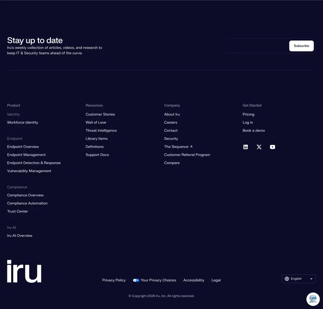 Iru newsletter and mega footer, dark-mode, minimal, dark