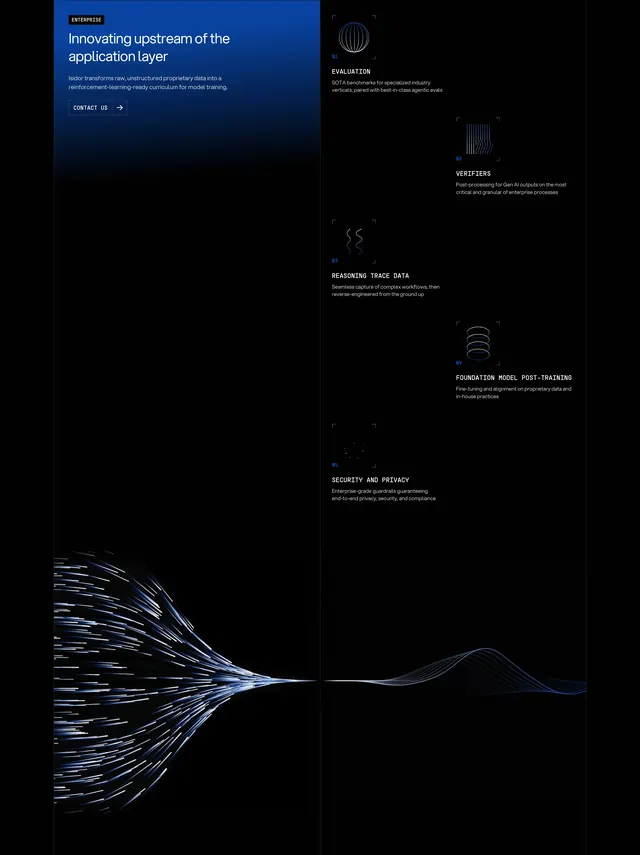 Isidor enterprise pipeline feature grid, dark-mode, minimal, dark
