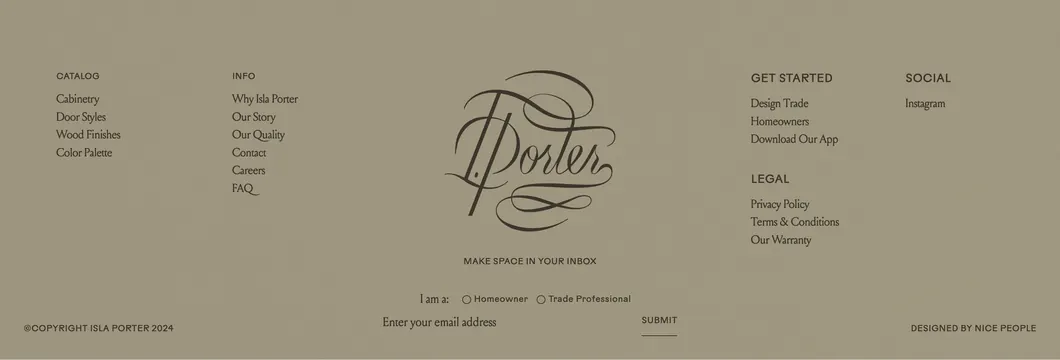 Isla Porter serif newsletter footer, editorial, luxury, muted