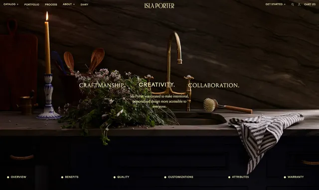 Isla Porter craftsmanship story hero, editorial, luxury, dark