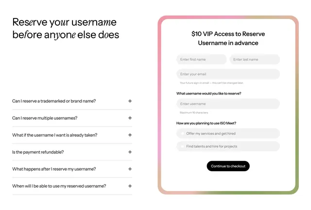 ISO Meet username reservation split, minimal, light-mode, light
