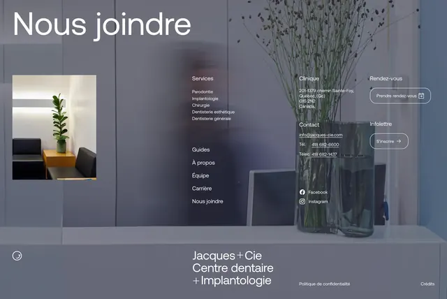 Jacques + Cie blurred contact footer, minimal, corporate-clean, light
