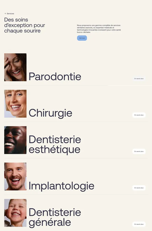 Jacques + Cie dental services list, minimal, editorial, light