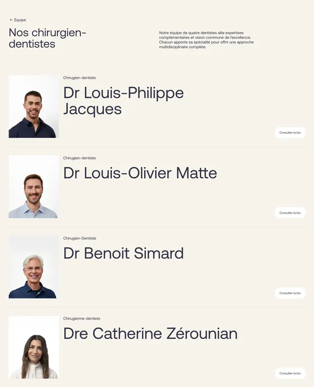 Jacques + Cie dentist roster list, minimal, photographic, light