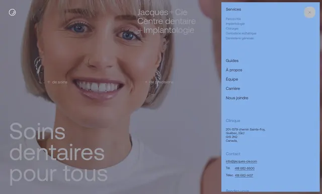 Jacques + Cie slide-in navigation overlay, minimal, photographic, light
