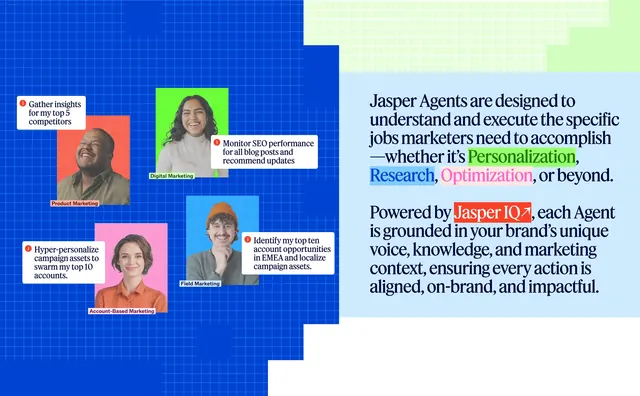 Jasper Agents role-based feature split, editorial, playful, vibrant