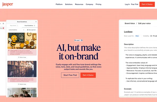 Jasper Brand IQ floating UI hero, editorial, playful, warm