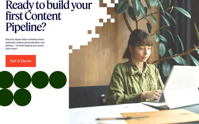 Jasper content pipeline split CTA, minimal, editorial, light