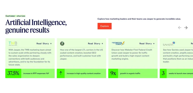 Jasper customer stories carousel, minimal, editorial, light