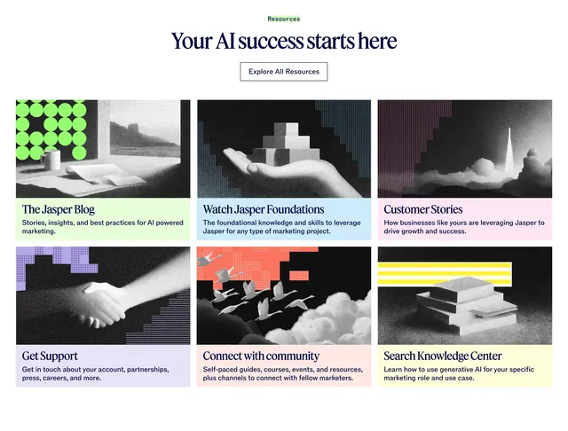 Jasper resources six-card grid, editorial, illustrated, light