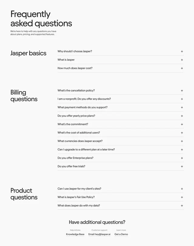 Jasper FAQs Section, light-mode, minimal, light