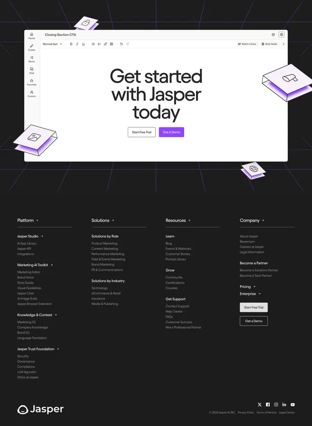 Jasper dark four-column footer under editor CTA, dark-mode, minimal, dark