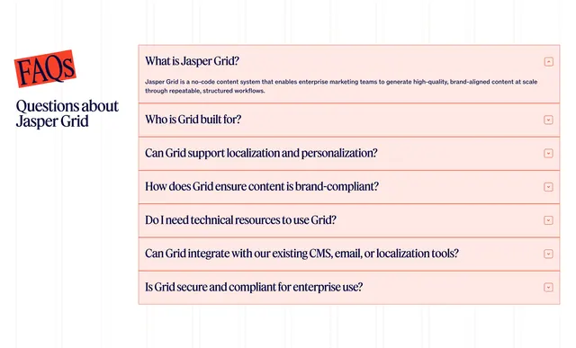 Jasper Grid split FAQ accordion, editorial, minimal, light