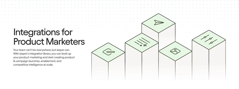 Jasper integrations split with isometric icon bars, light-mode, minimal, light