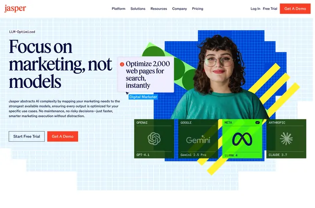 Jasper LLM-optimized marketing hero, editorial, playful, light