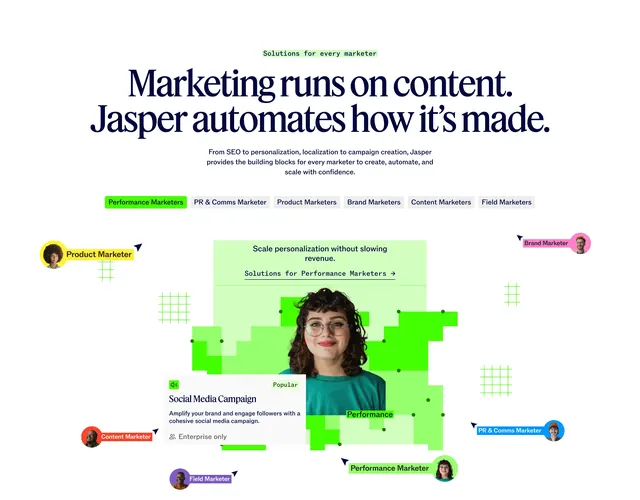 Jasper solutions by marketer tab hero, playful, editorial, light