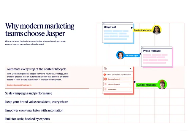 Jasper team value accordion with workflow collage, editorial, playful, light