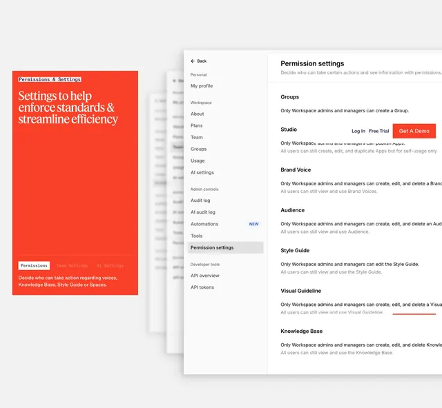 Jasper permissions settings split showcase, corporate-clean, minimal, vibrant