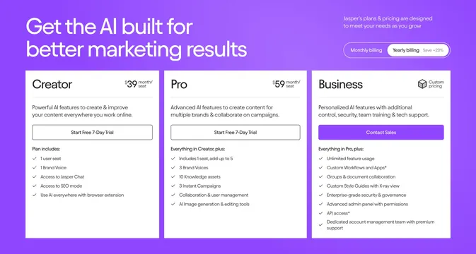 Jasper Pricing Section, light-mode, minimal, vibrant
