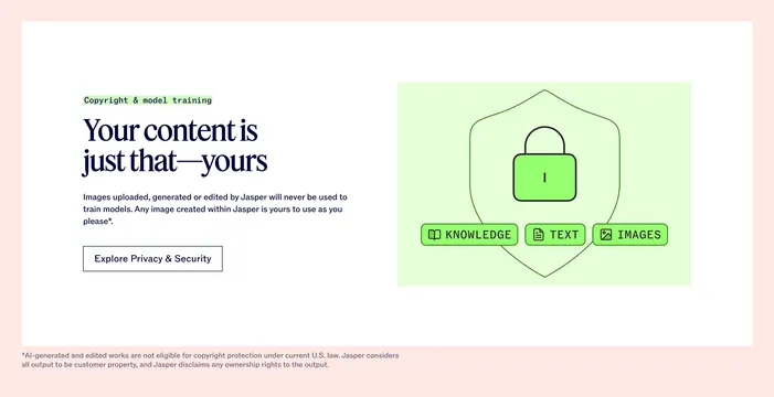 Jasper content ownership privacy feature, minimal, editorial, light