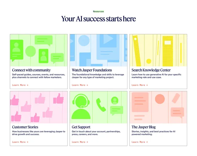 Jasper resources hub with pastel illustrated cards, light-mode, minimal, light
