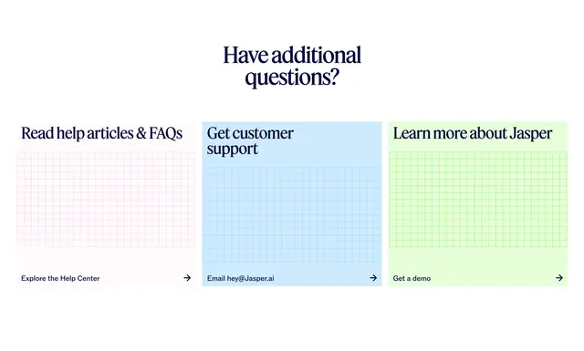Jasper support questions three-card CTA, minimal, light-mode, light