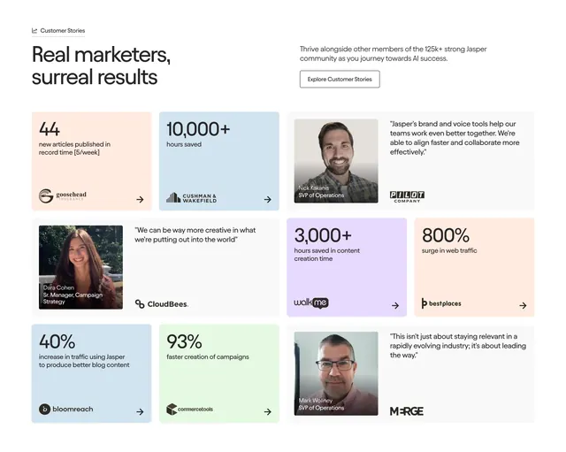 Jasper bento testimonials mixing stats and quotes, light-mode, minimal, light
