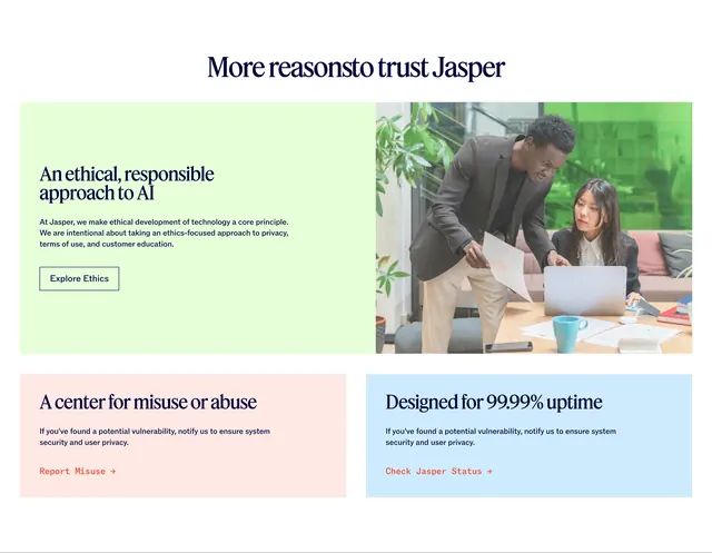 Jasper trust reasons bento grid, minimal, corporate-clean, light