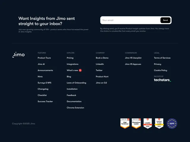 Jimo dark footer with newsletter and G2 badges, dark-mode, minimal, dark