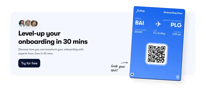Jimo onboarding pass CTA banner, minimal, light-mode, light