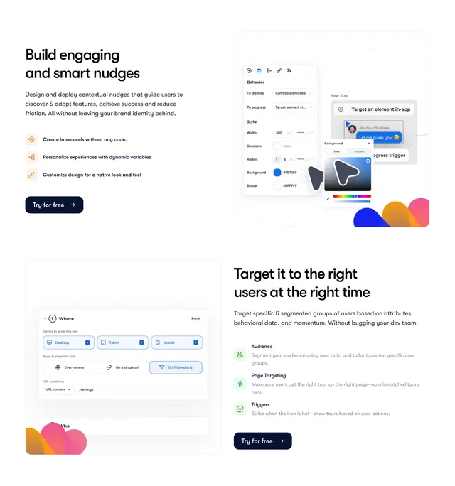 Jimo nudge builder split feature rows, minimal, light-mode, light
