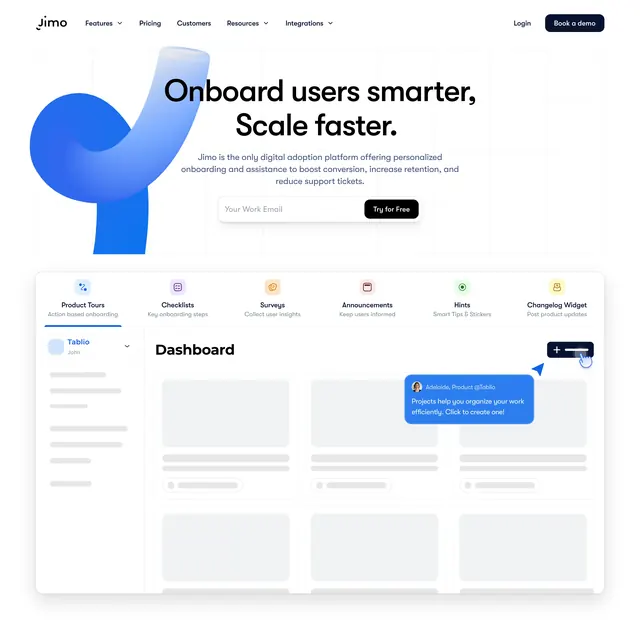 Jimo digital adoption hero with product tabs, minimal, light-mode, light