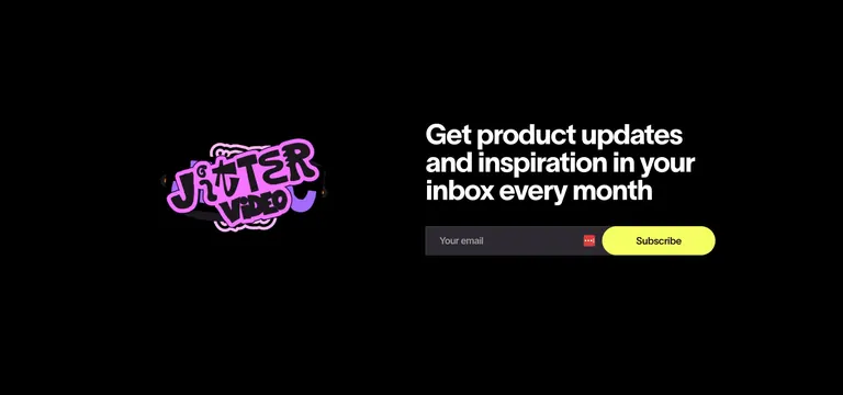 Jitter dark newsletter CTA with sticker graphic, dark-mode, minimal, dark