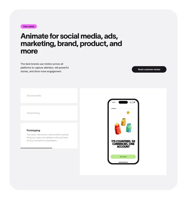 Jitter use-cases features with tabbed accordion and phone mockup, light-mode, minimal, light
