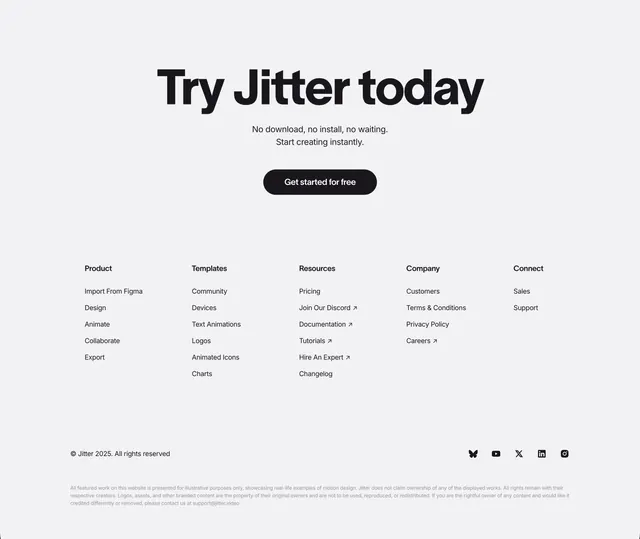 Jitter footer with centered CTA and five-column links, light-mode, minimal, light