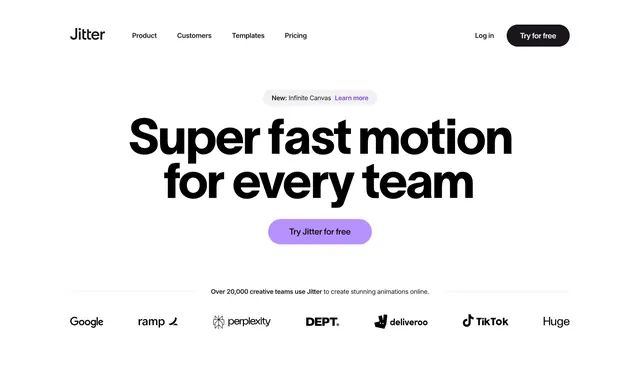 Jitter centered oversized hero with logo wall, light-mode, minimal, light