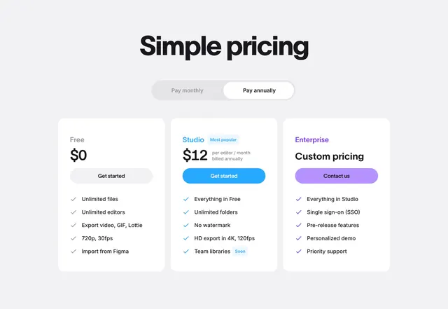 Jitter three-tier pricing with monthly/annual toggle, light-mode, minimal, light