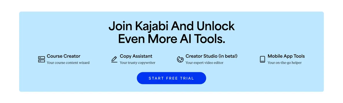 Kajabi AI tools blog CTA band, minimal, light-mode, light
