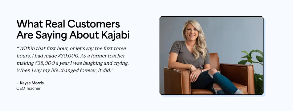 Kajabi customer testimonial split quote, minimal, light-mode, light