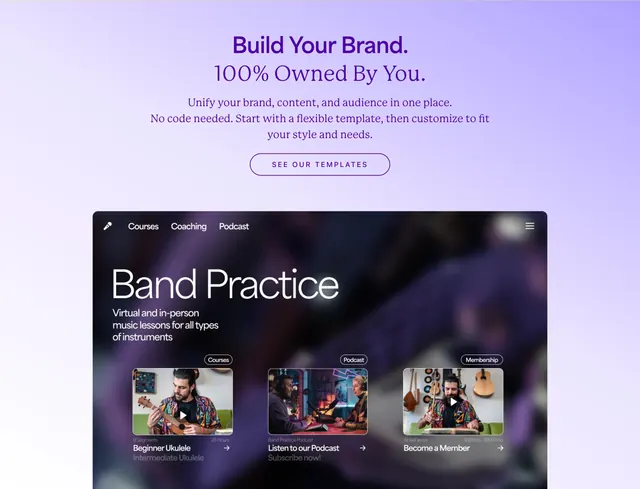 Kajabi Build Your Brand template hero, gradient-heavy, minimal, light