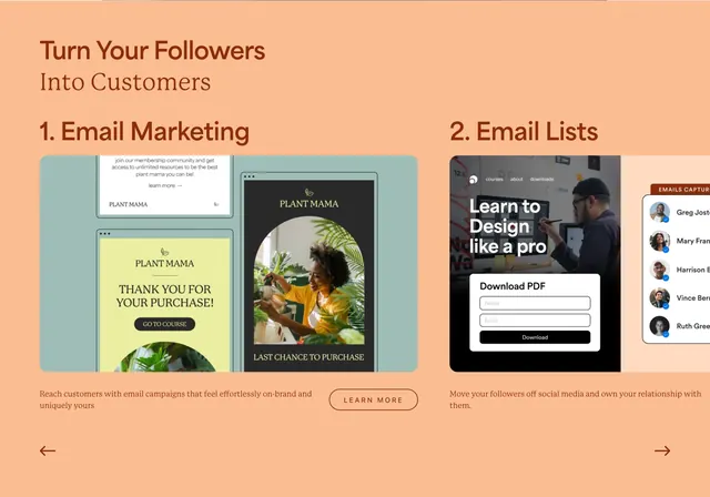 Kajabi followers-to-customers email features, minimal, light-mode, light