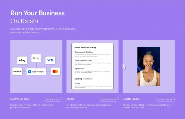 Kajabi run-your-business three-card row, minimal, corporate-clean, light
