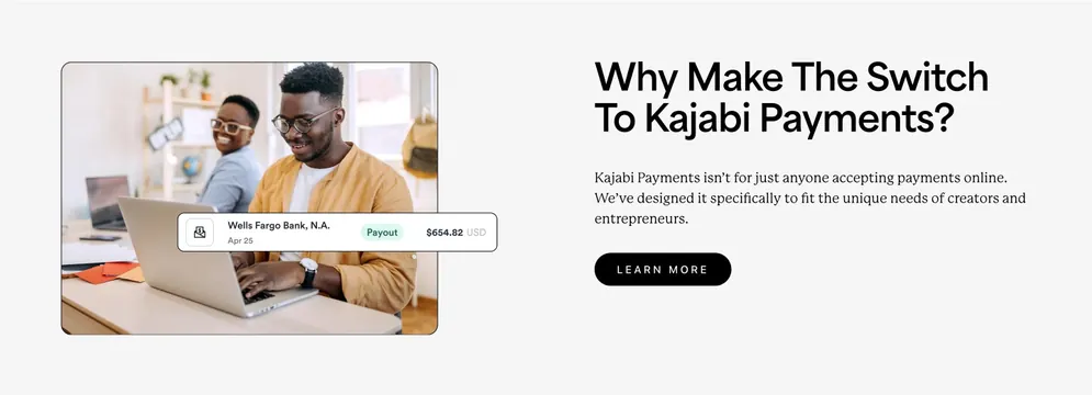 Kajabi Payments switch split feature, minimal, light-mode, light