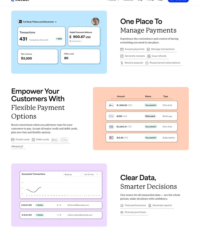 Kajabi Payments three feature rows, minimal, light-mode, light