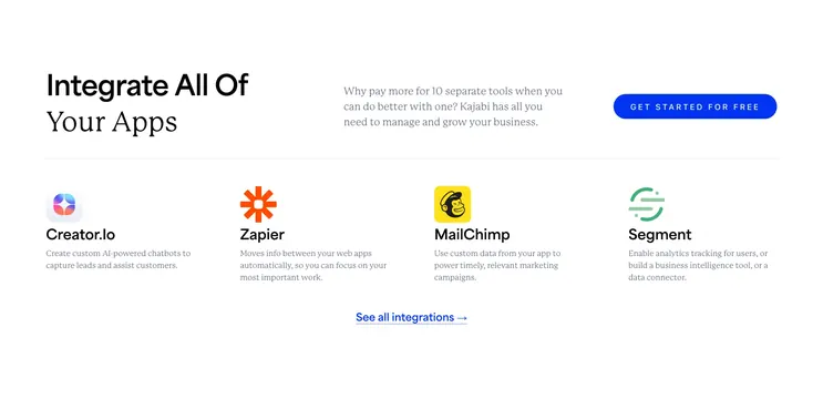 Kajabi integrations four-app row, minimal, light-mode, light