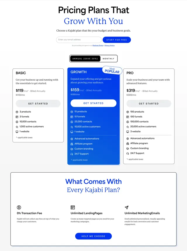 Kajabi three-tier pricing table, minimal, light-mode, light