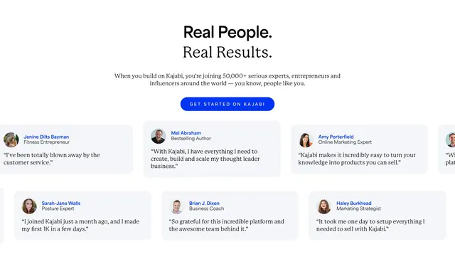 Kajabi Real People testimonial grid, minimal, light-mode, light