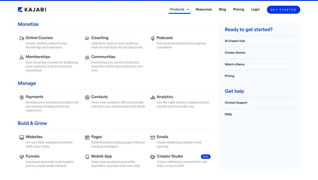Kajabi Products mega menu dropdown, minimal, light-mode, light