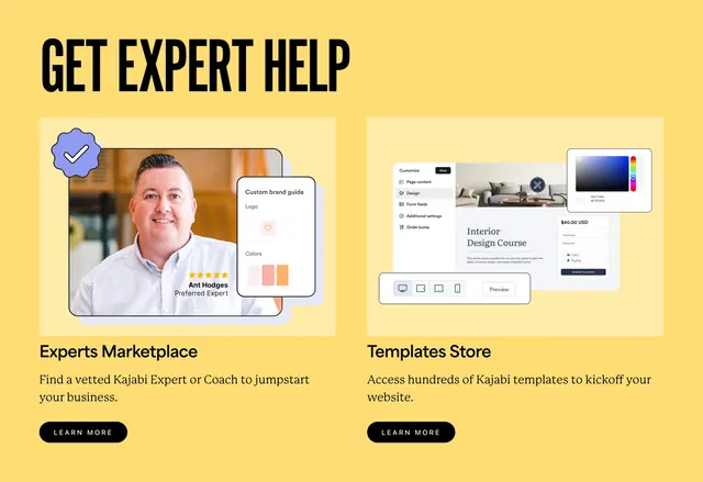 Kajabi get expert help two-column section, minimal, playful, vibrant